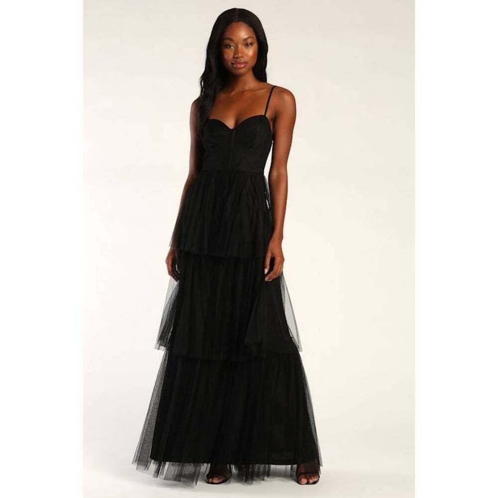 Lulus Tulle-y Amazing Black Tulle Sleeveless Bustier Maxi Dress - Size L